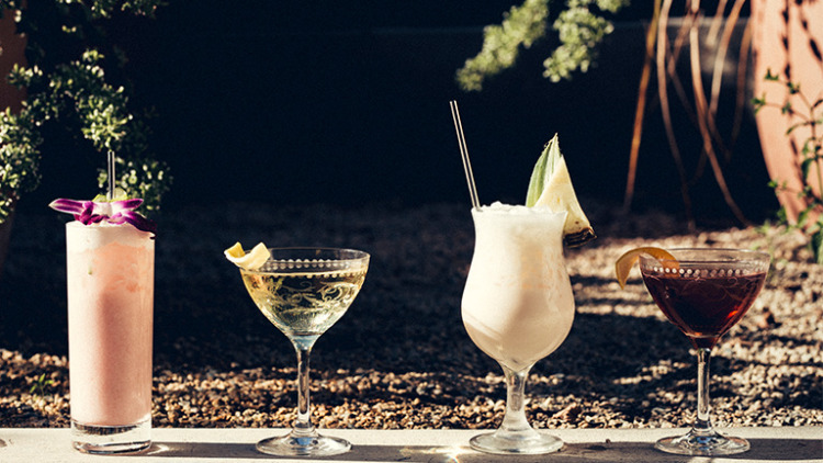 A row of four different cocktails lined up outside and each with a different garnish