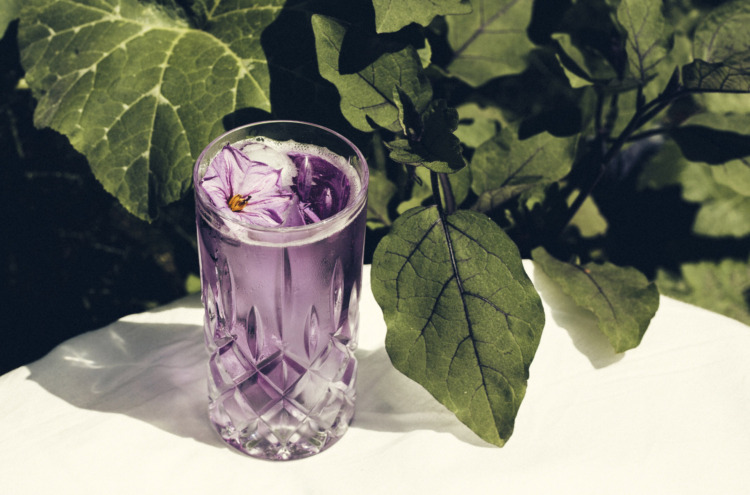 cocktail glass filled with purple drink and topped with purple table on outdoor table