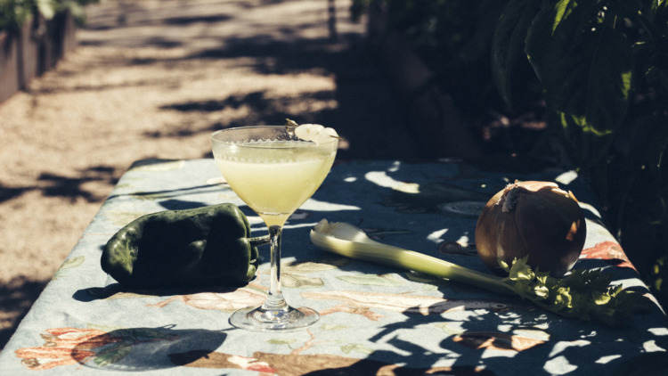 glass of trinity cocktail on outdoor table surrounded by vegetables