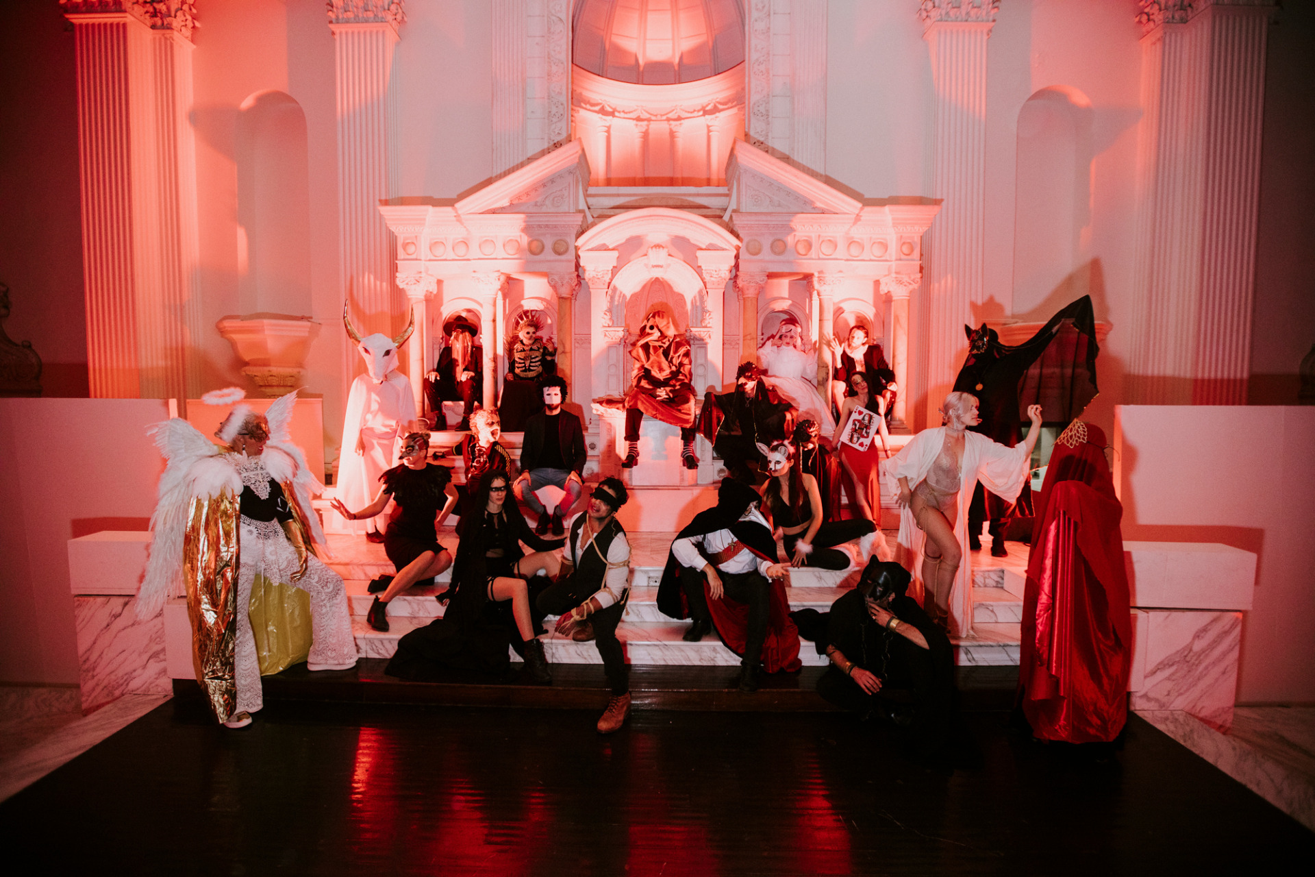 Group in costume in front of Vibiana cathedral