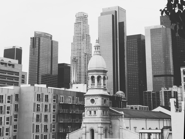 DTLA skyline with vibiana bellower