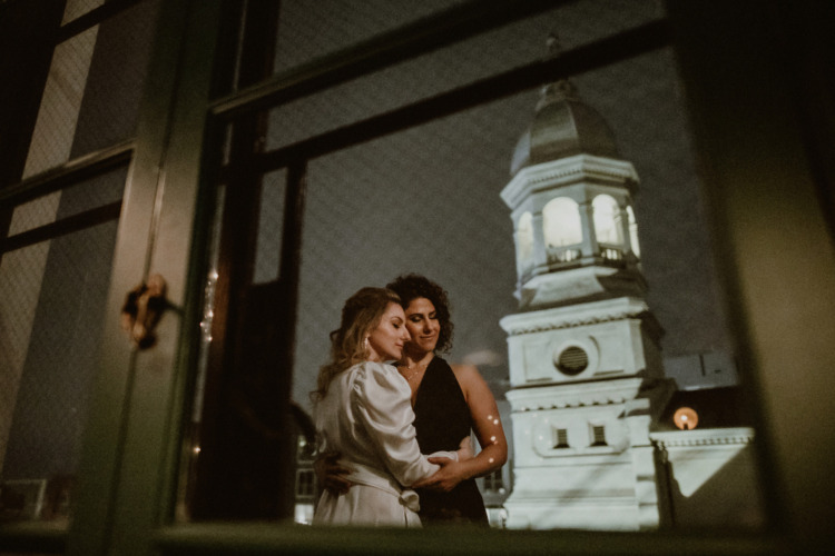 brides hugging