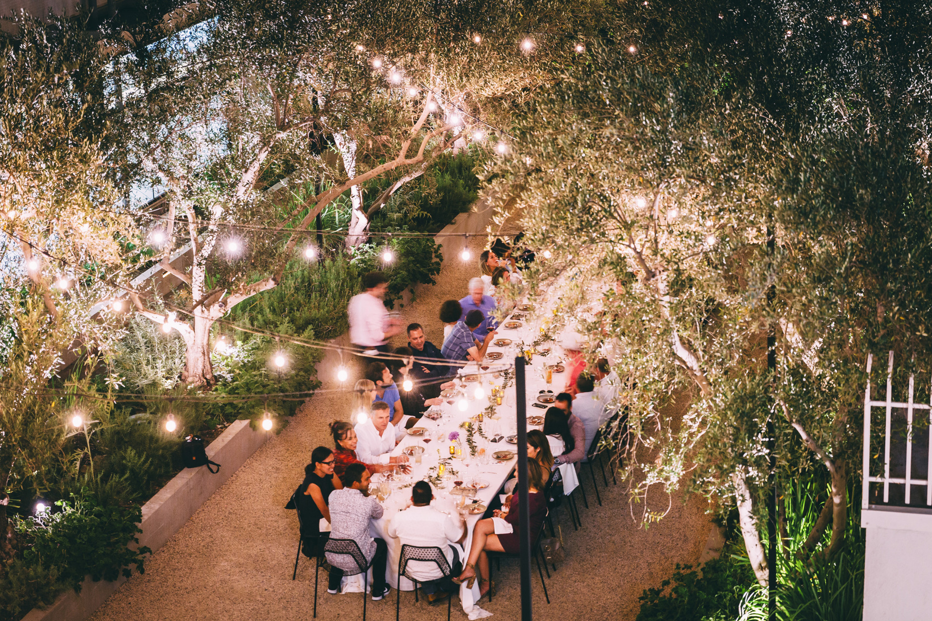 redbird garden with long table, string lights and lots of guests