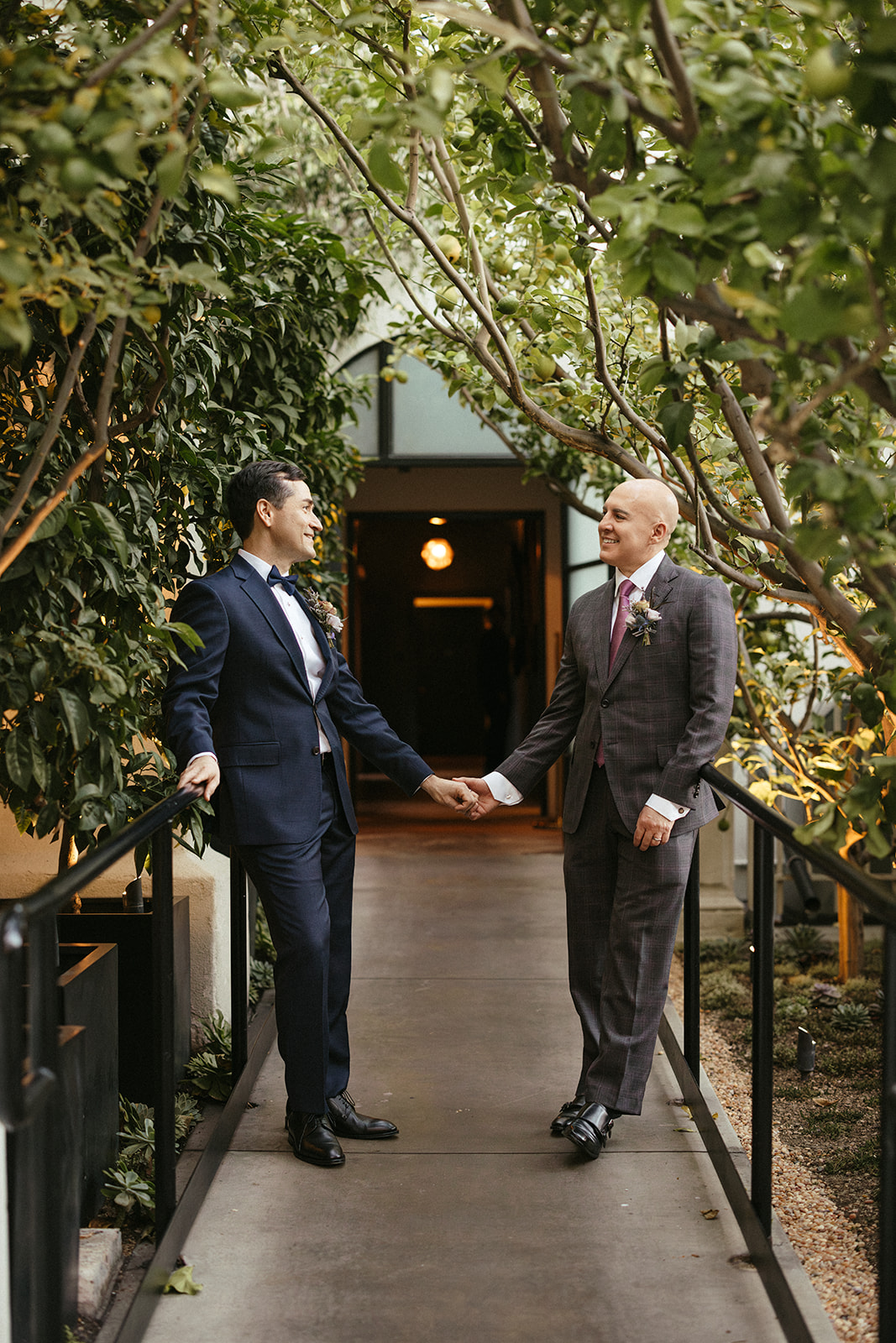 two grooms hold hands in a tree-lined walkway