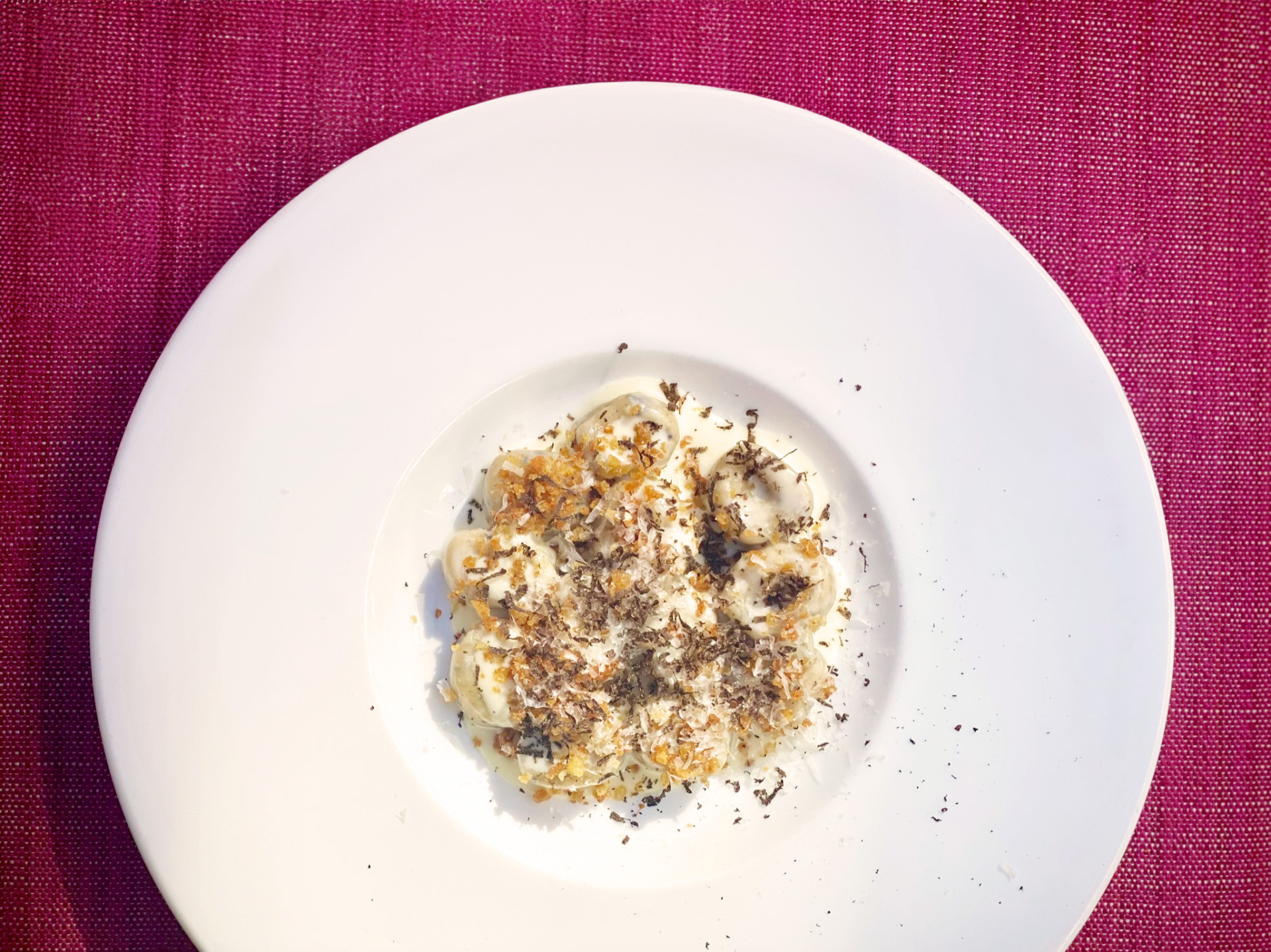 a plate of gnocchi with black truffle shaved on top in front of a pink background