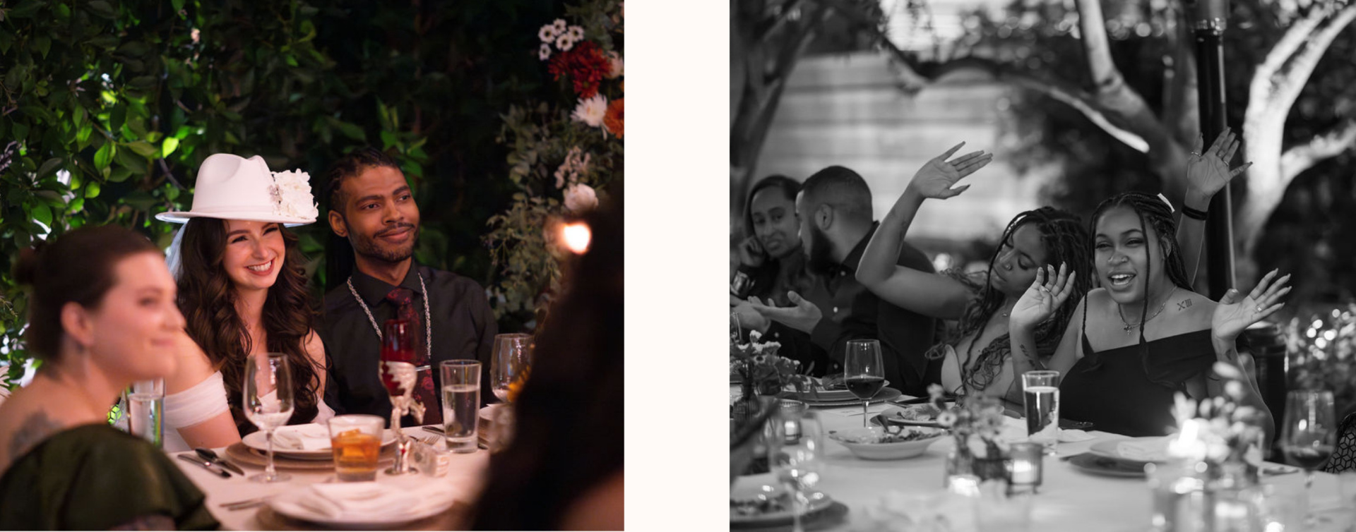 Image 1: a bride and groom smile as they listen to wedding speeches at their wedding reception. the bride is wearing a brimmed hat. Image 2: a black and white image of wedding guests enjoying the vibes