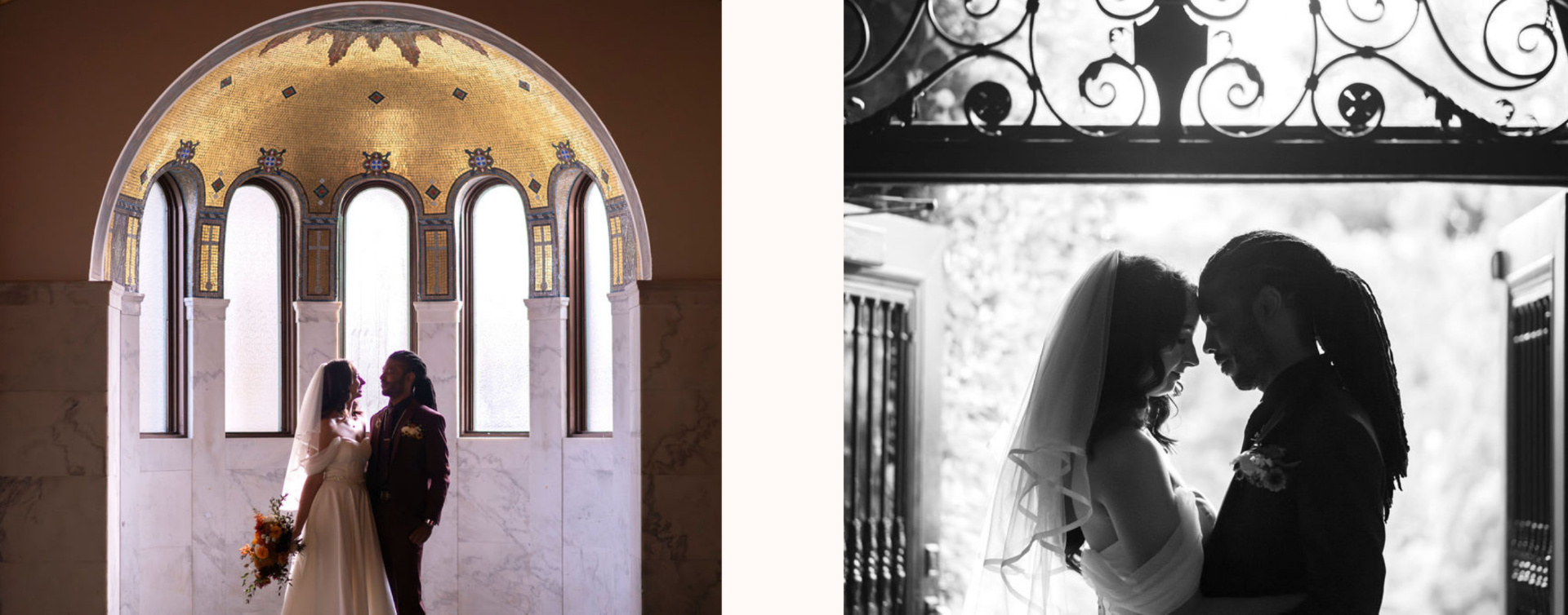 Image 1: a bride and groom smile at each other. they're standing in an architectural dome window of Vibiana Image 2: a black and white photo of a bride and groom standing in an iron doorway, foreheads pressed together.