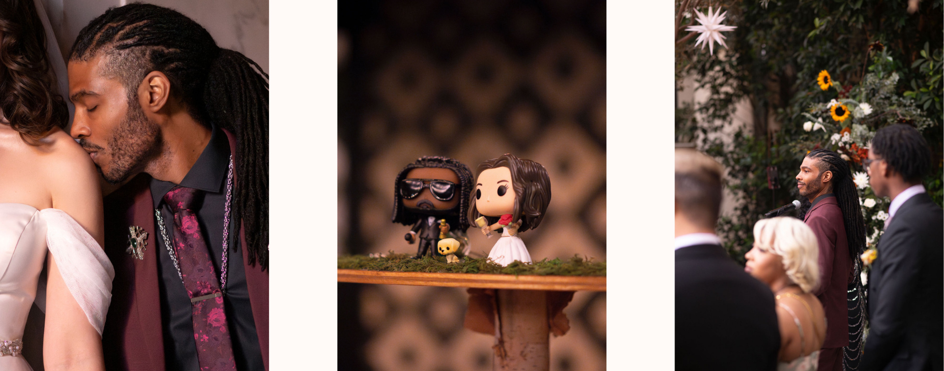 Image 1: a groom kisses his bride's shoulder. Image 2: custom Funko Pop! figures made in the bride and groom's likeness, with a little dog figurine in between them. Image 3: a groom looks off toward his approaching bride at his wedding ceremony with tears in his eyes