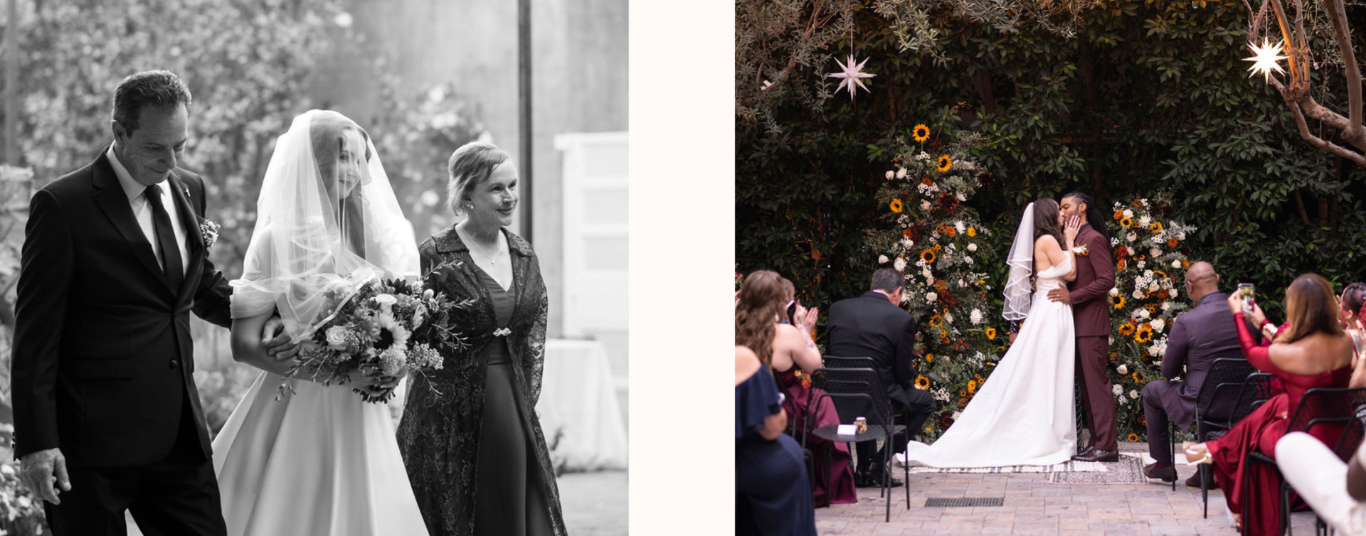 Image 1: a black and white photo of a bride being escorted down the aisle arm in arm with her mother and father. Image 2: a bride and groom kiss at their wedding ceremony with a floral arch behind them. guests are seen applauding