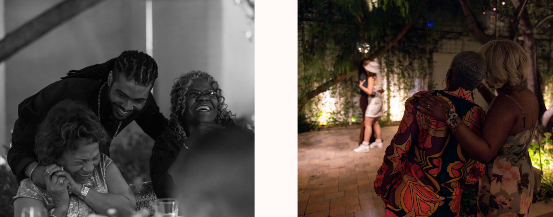 Image 1: a black and white photo of a groom greeting his beaming family members at the wedding reception table Image 2: in the background, a bride and groom share a first dance at their wedding reception. in the foreground, the groom's family members look on fondly.