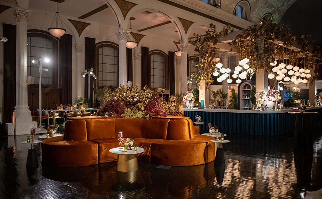 A lounge layout for a corporate event in the Vibiana Main Hall