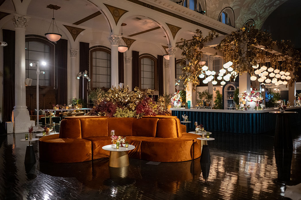 A lounge layout for a corporate event in the Vibiana Main Hall