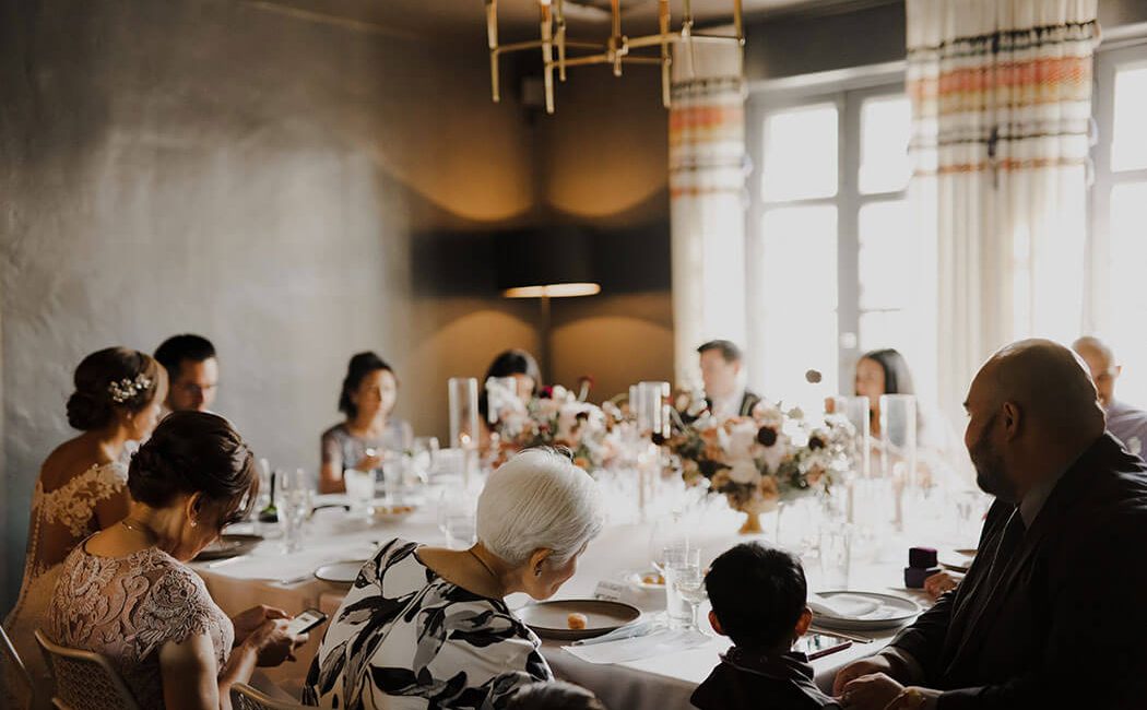 Wedding guests dining in the Bishop's Perch at Redbird | Vibiana