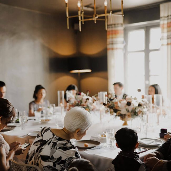 Wedding guests dining in the Bishop's Perch at Redbird | Vibiana