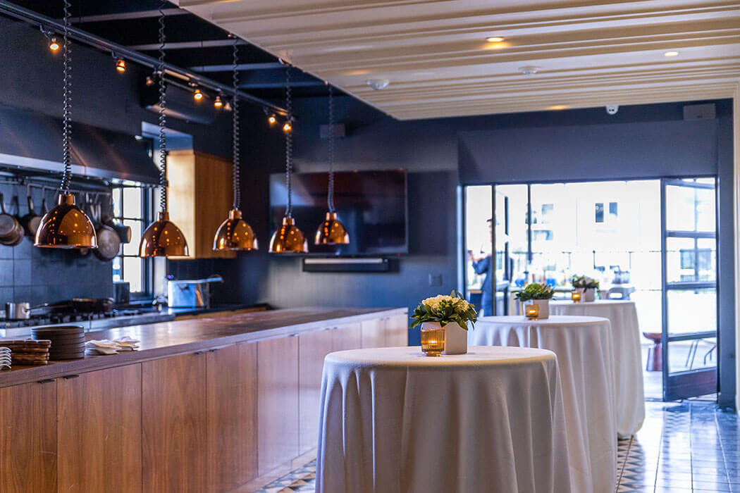 A cocktail reception layout in the East Room at Redbird | Vibiana