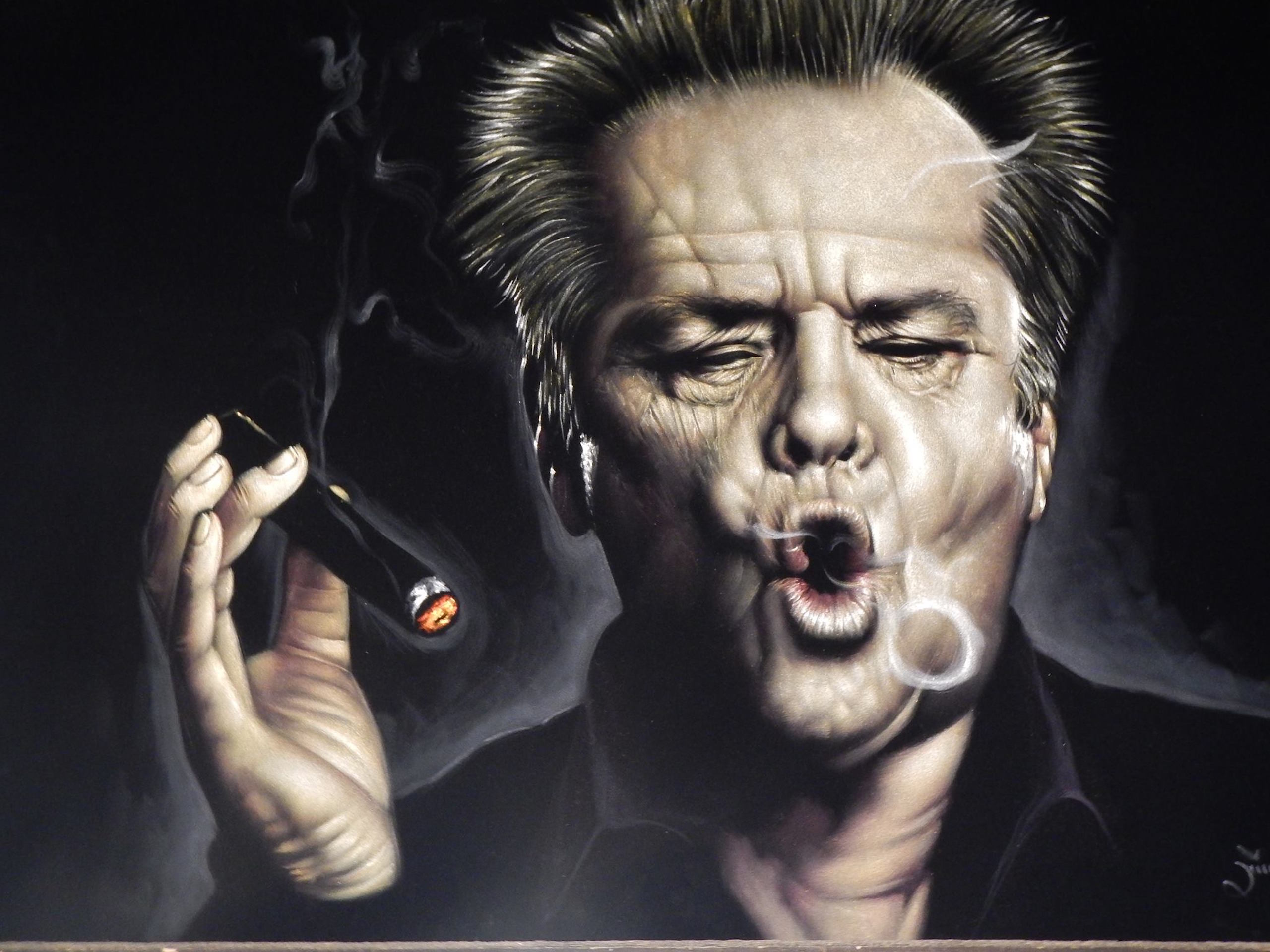 artwork of jack nicholson holding a cigar and blowing a smoke ring
