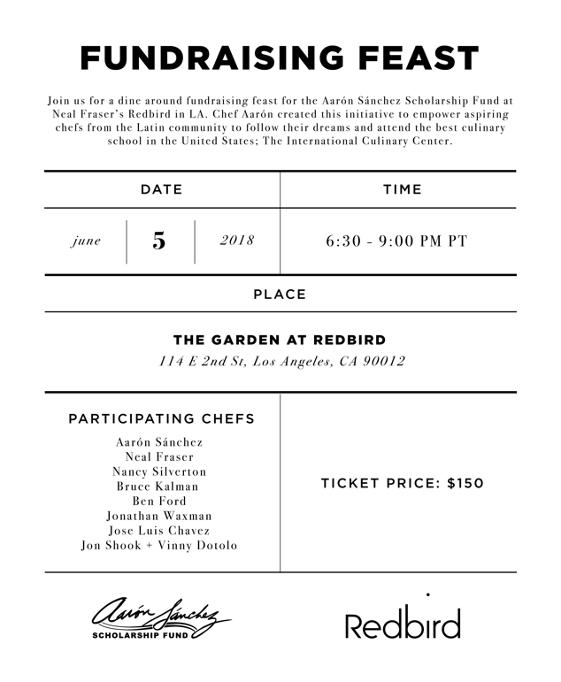 invitation for a fundraising feast at redbird for june 5, 2018 with ticket price at $150