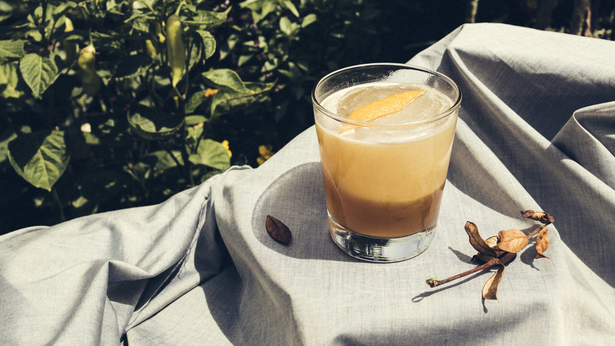 tan cocktail with orange rind on a gray tablecloth surrounded by a bush