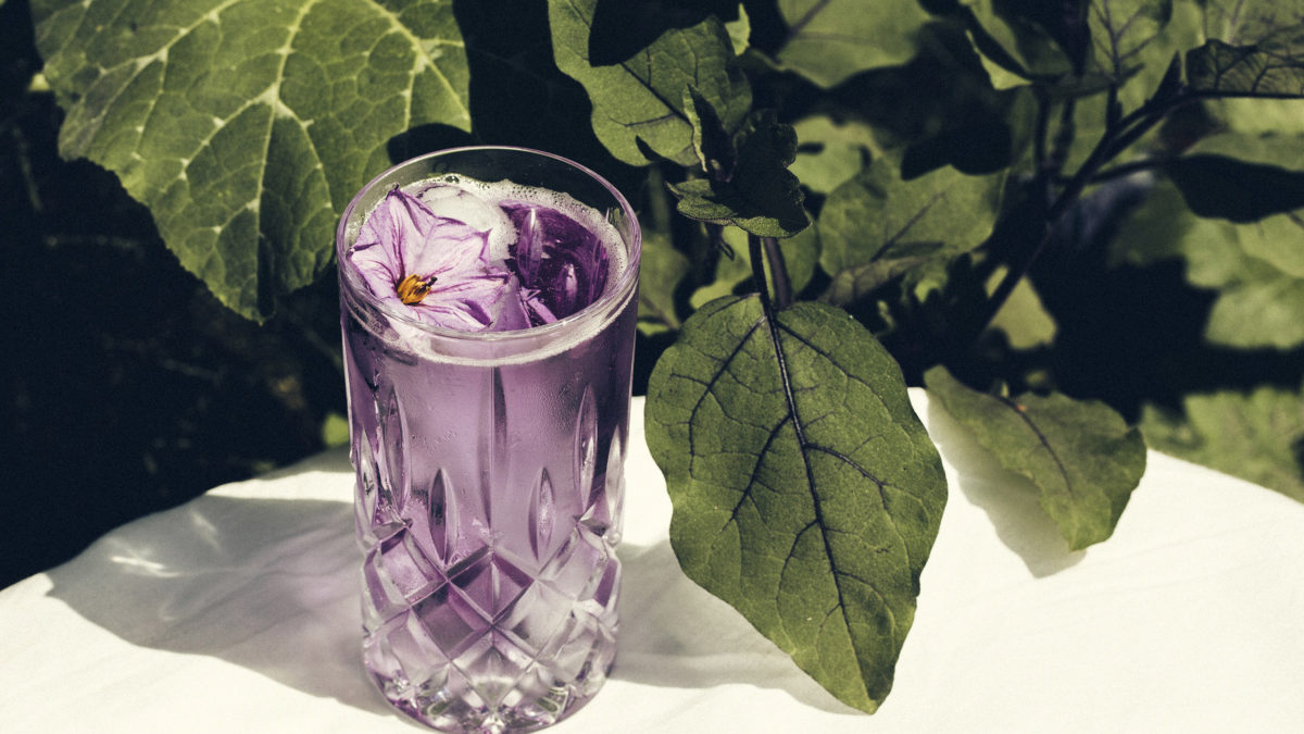 cocktail glass filled with purple drink and topped with purple table on outdoor table