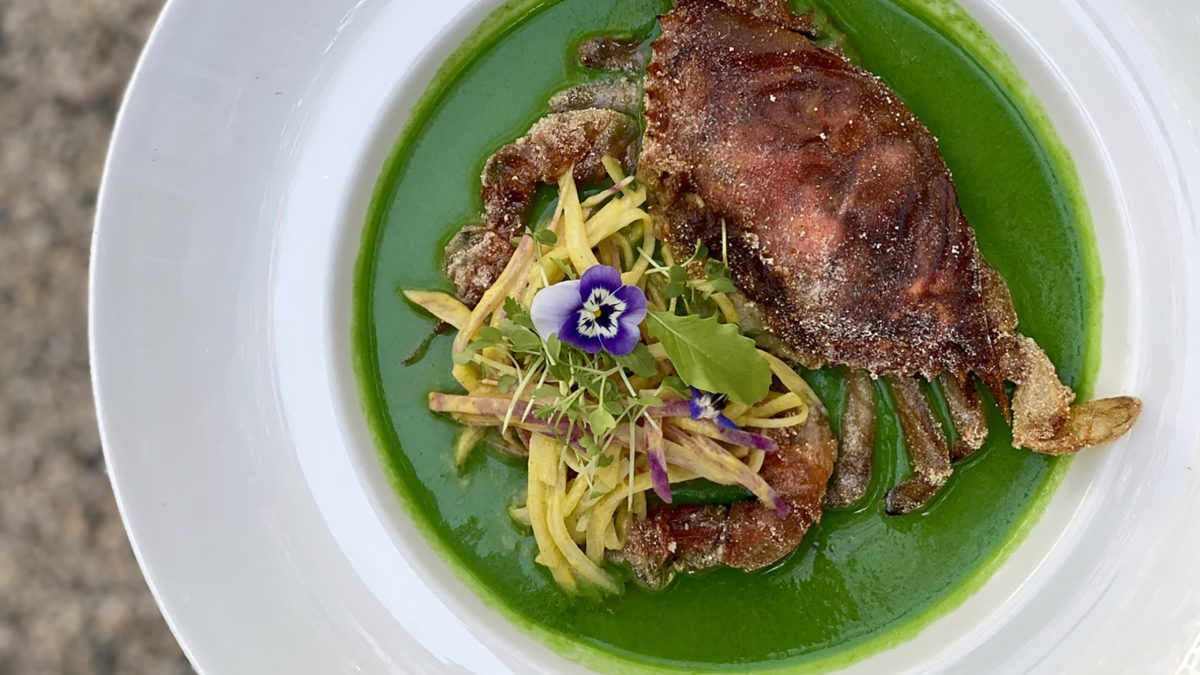 Green gazpacho with crab