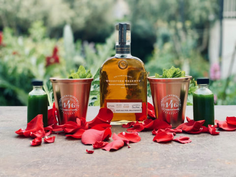 Kentucky derby cocktail kit with roses, mint and copper cups