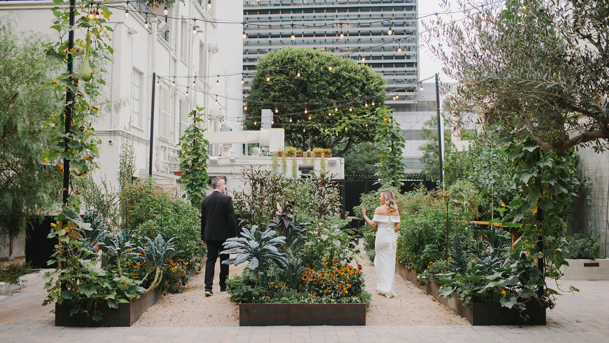 groom and bride walking through a garden