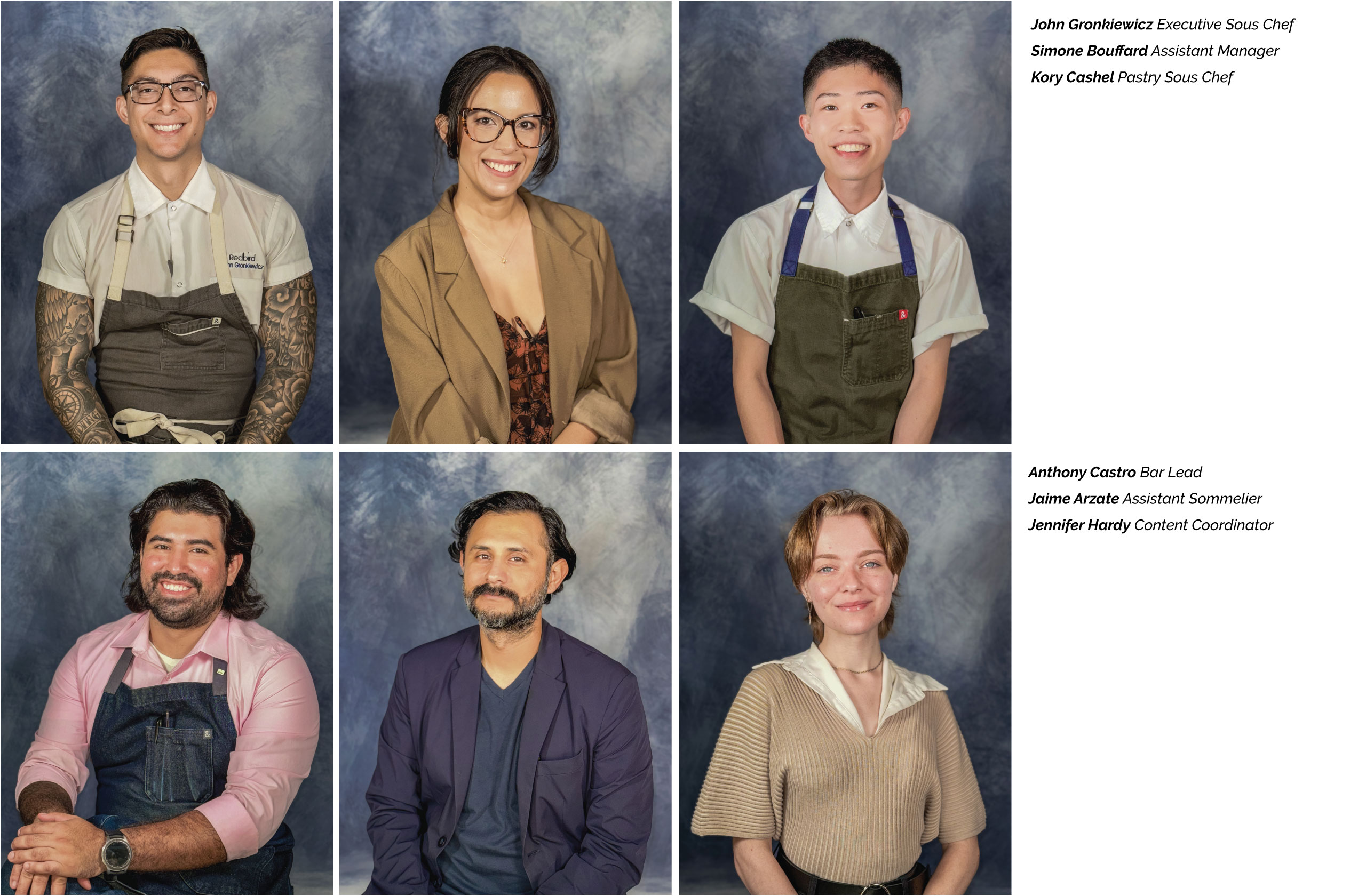 6 staff members participating in the Sous Pop pop-up restaurant at Redbird Garden in Downtown Los Angeles. the staff members are photographed in a yearbook-style photoshoot